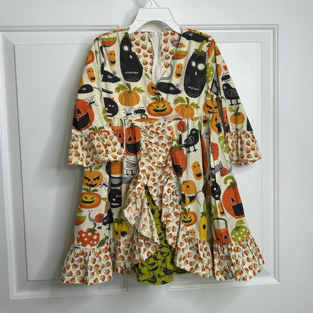 Jelly The Pug Halloween Dress Girls 4T Pumpkins Candy Corn Black Cat Crows READ